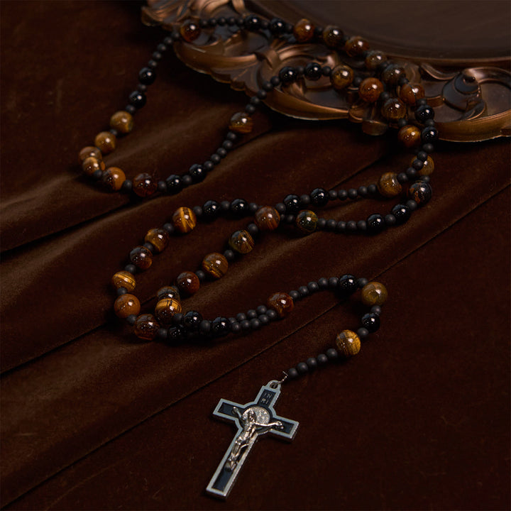 Christianartworkshop Rosenkranz aus Tigerauge-Steinperlen, 10 mm, mit schwarzem Emaille-Kruzifix: Umarme die erdige Heiligkeit - image 4