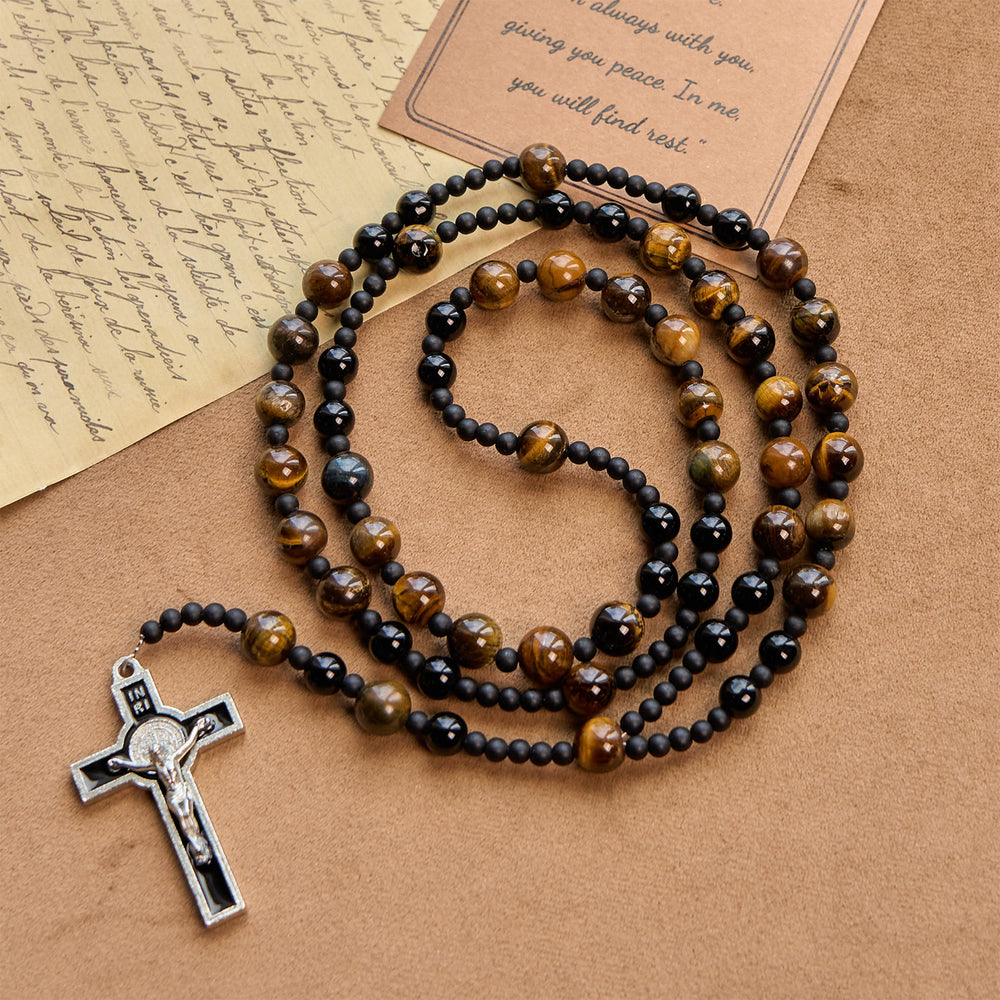 Christianartworkshop Rosenkranz aus Tigerauge-Steinperlen, 10 mm, mit schwarzem Emaille-Kruzifix: Umarme die erdige Heiligkeit - image 2