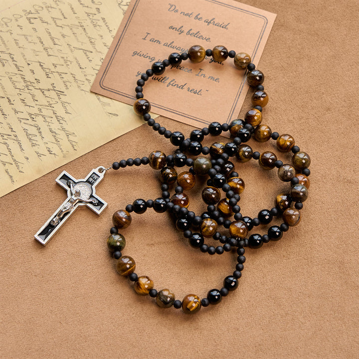 Christianartworkshop Rosenkranz aus Tigerauge-Steinperlen, 10 mm, mit schwarzem Emaille-Kruzifix: Umarme die erdige Heiligkeit - image 3