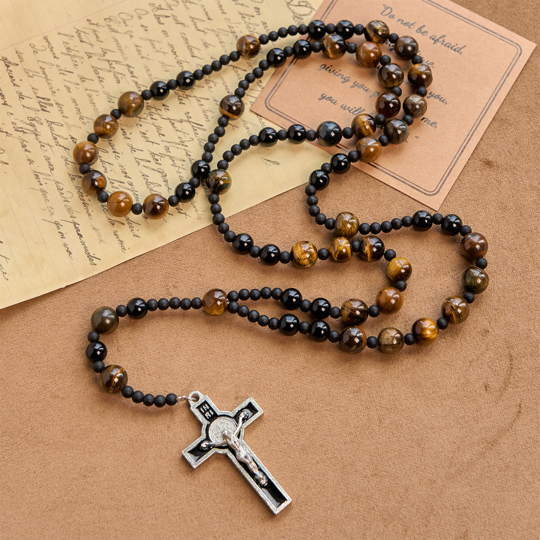 Christianartworkshop Rosenkranz aus Tigerauge-Steinperlen, 10 mm, mit schwarzem Emaille-Kruzifix: Umarme die erdige Heiligkeit - Tigerauge-Stein - image 1