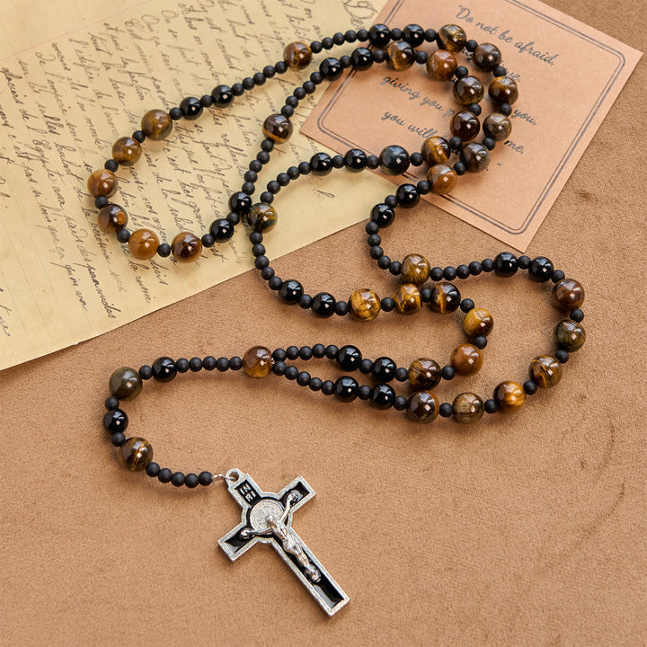 Christianartworkshop Rosenkranz aus Tigerauge-Steinperlen, 10 mm, mit schwarzem Emaille-Kruzifix: Umarme die erdige Heiligkeit - Tigerauge-Stein - image 1