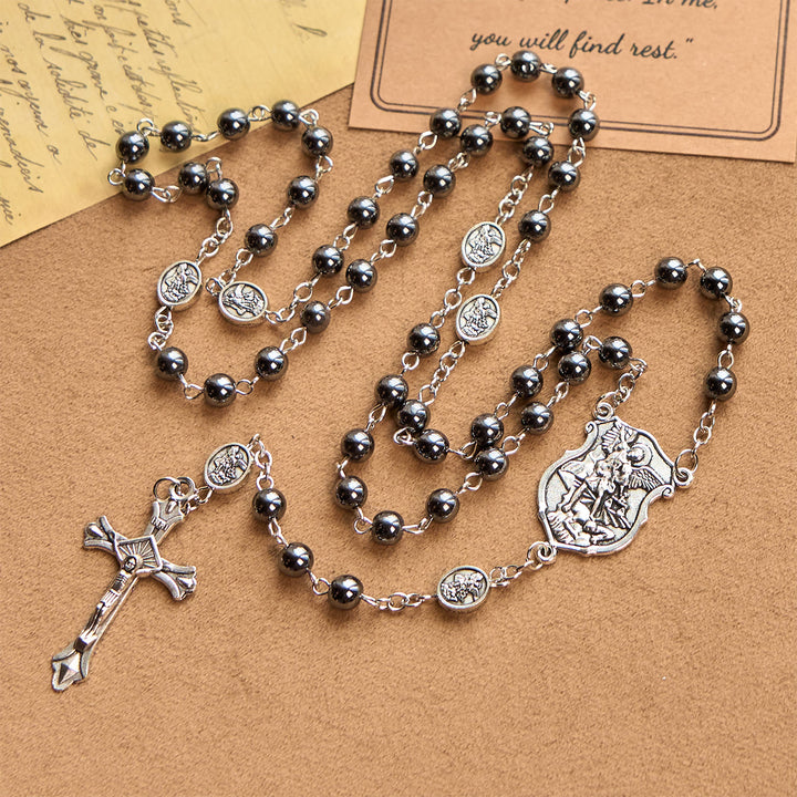 Christianartworkshop Heiliger Rosenkranz aus glänzenden schwarzen Perlen mit Anhänger und Kruzifix des Erzengels Michael - Der heilige Erzengel Michael - image 1