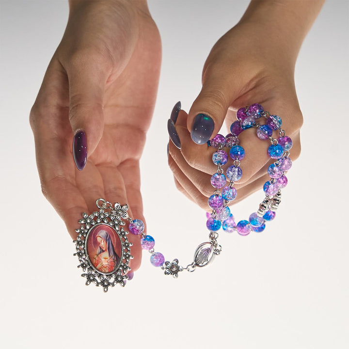 Christianartworkshop Rosenkranz mit sieben Schmerzen, rund, 8 mm, blau-violett, Farbverlauf, mit Blumenmuster, geschnitzter Anhänger „Unsere Liebe Frau der Schmerzen“ - image 9