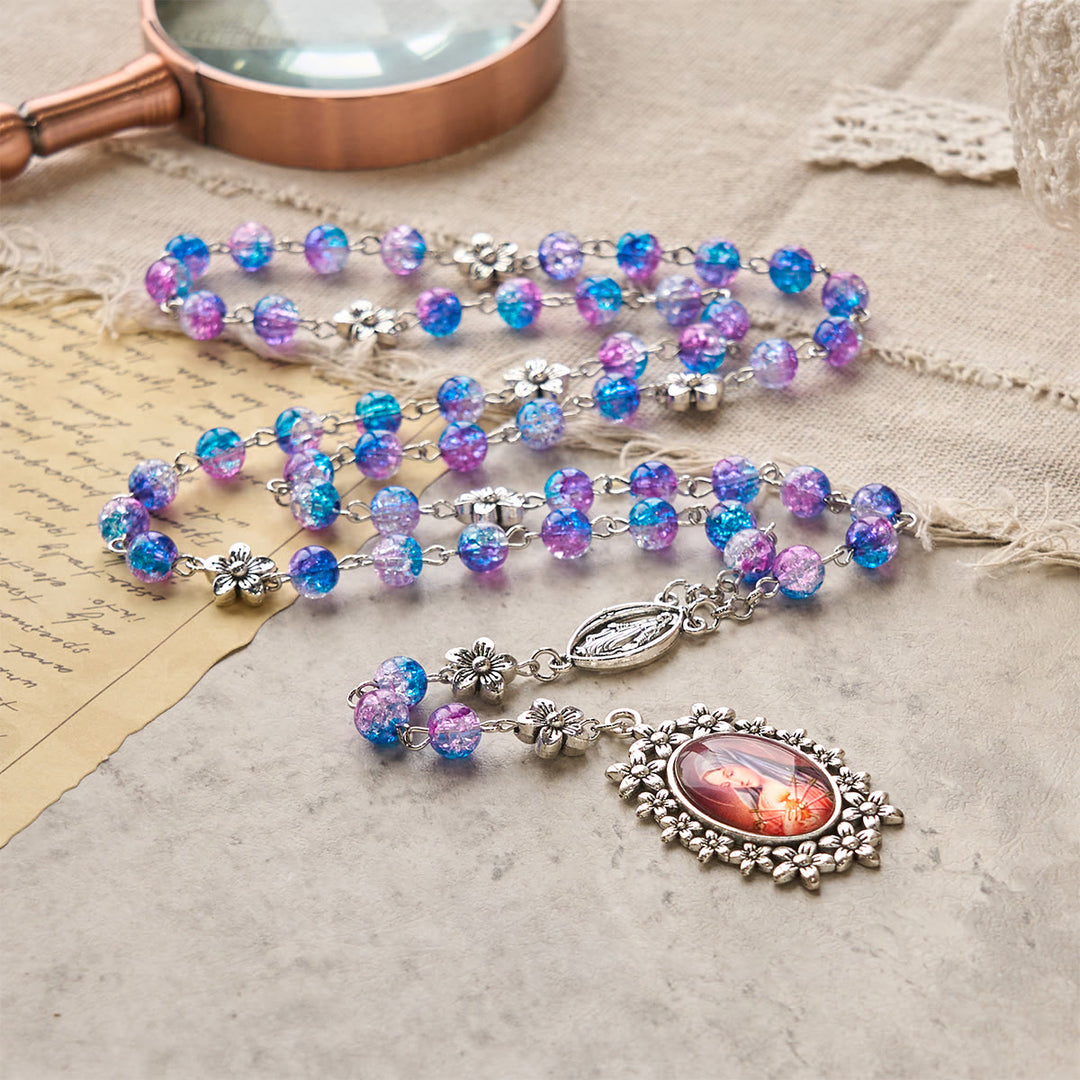 Christianartworkshop Rosenkranz mit sieben Schmerzen, rund, 8 mm, blau-violett, Farbverlauf, mit Blumenmuster, geschnitzter Anhänger „Unsere Liebe Frau der Schmerzen“ - image 7