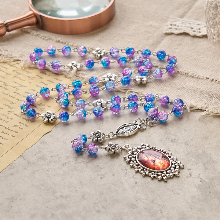 Christianartworkshop Rosenkranz mit sieben Schmerzen, rund, 8 mm, blau-violett, Farbverlauf, mit Blumenmuster, geschnitzter Anhänger „Unsere Liebe Frau der Schmerzen“ - image 7