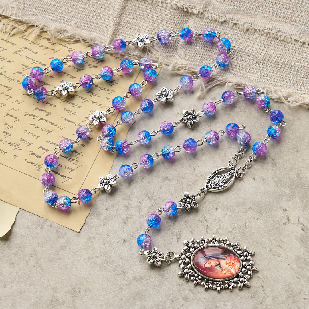 Christianartworkshop Rosenkranz mit sieben Schmerzen, rund, 8 mm, blau-violett, Farbverlauf, mit Blumenmuster, geschnitzter Anhänger „Unsere Liebe Frau der Schmerzen“ - image 5