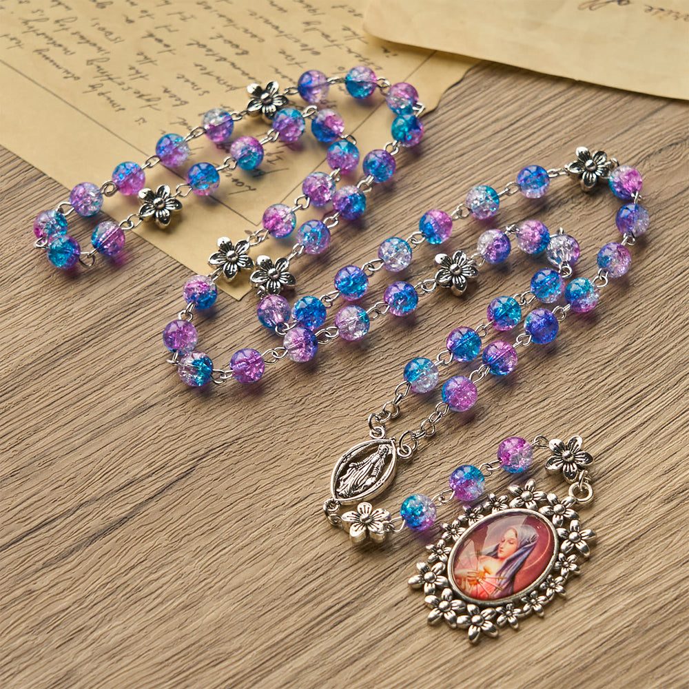Christianartworkshop Rosenkranz mit sieben Schmerzen, rund, 8 mm, blau-violett, Farbverlauf, mit Blumenmuster, geschnitzter Anhänger „Unsere Liebe Frau der Schmerzen“ - image 2