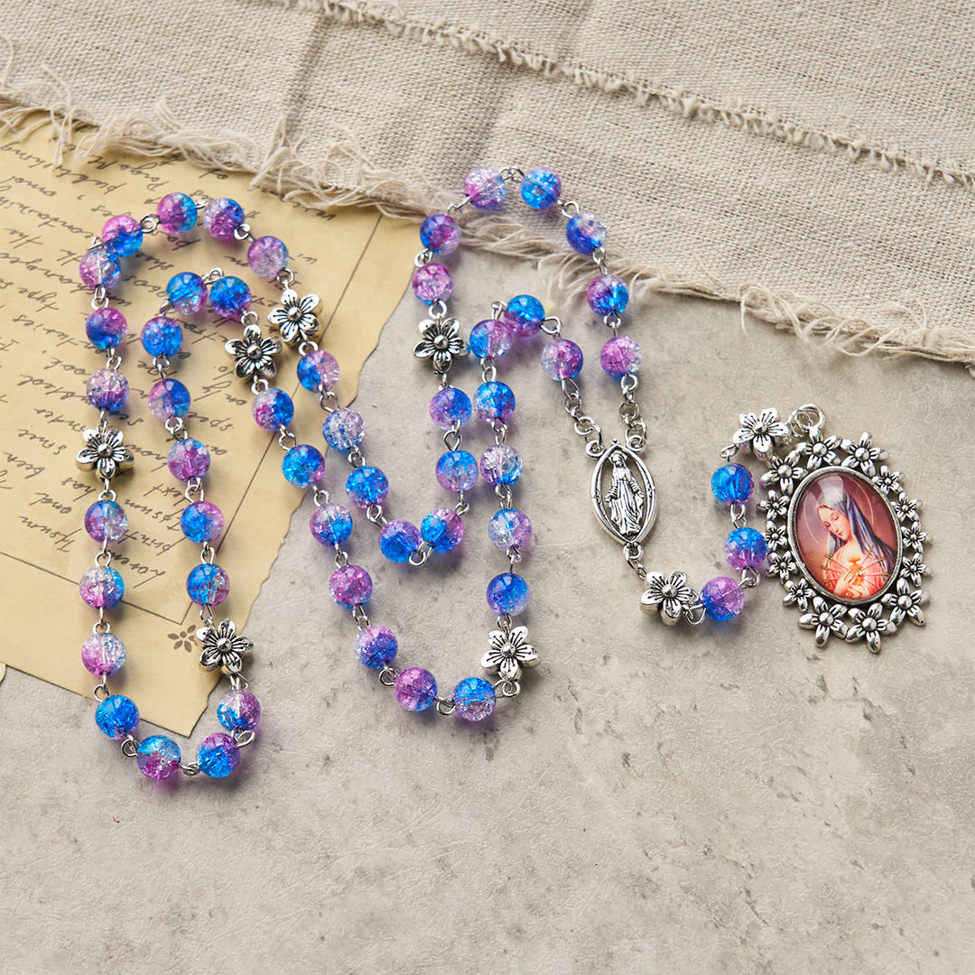 Christianartworkshop Rosenkranz mit sieben Schmerzen, rund, 8 mm, blau-violett, Farbverlauf, mit Blumenmuster, geschnitzter Anhänger „Unsere Liebe Frau der Schmerzen“ - image 6