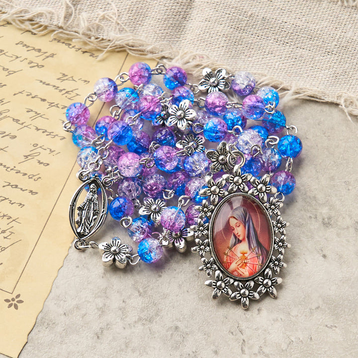 Christianartworkshop Rosenkranz mit sieben Schmerzen, rund, 8 mm, blau-violett, Farbverlauf, mit Blumenmuster, geschnitzter Anhänger „Unsere Liebe Frau der Schmerzen“ - image 8