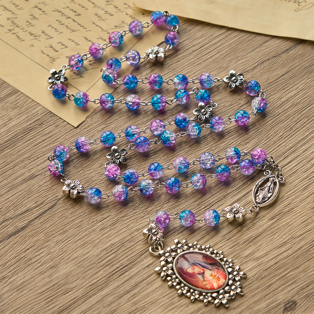 Christianartworkshop Rosenkranz mit sieben Schmerzen, rund, 8 mm, blau-violett, Farbverlauf, mit Blumenmuster, geschnitzter Anhänger „Unsere Liebe Frau der Schmerzen“ - Rosenkranz der sieben Leiden - image 1
