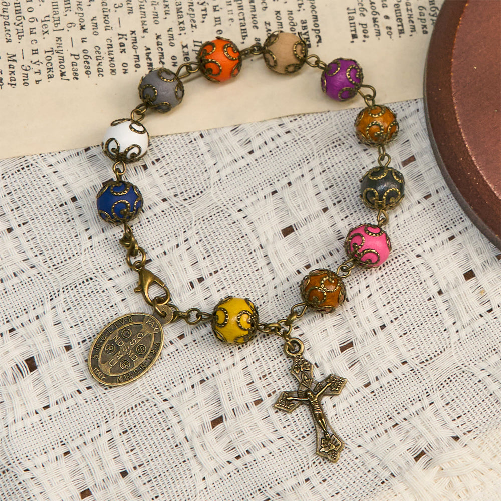 Christianartworkshop Armband mit bunten Perlen im Vintage-Stil, gemustert, mit bronzenem Heiligen Benedikt und Kruzifix: Vertrauen in die göttliche Kontinuität - image 2