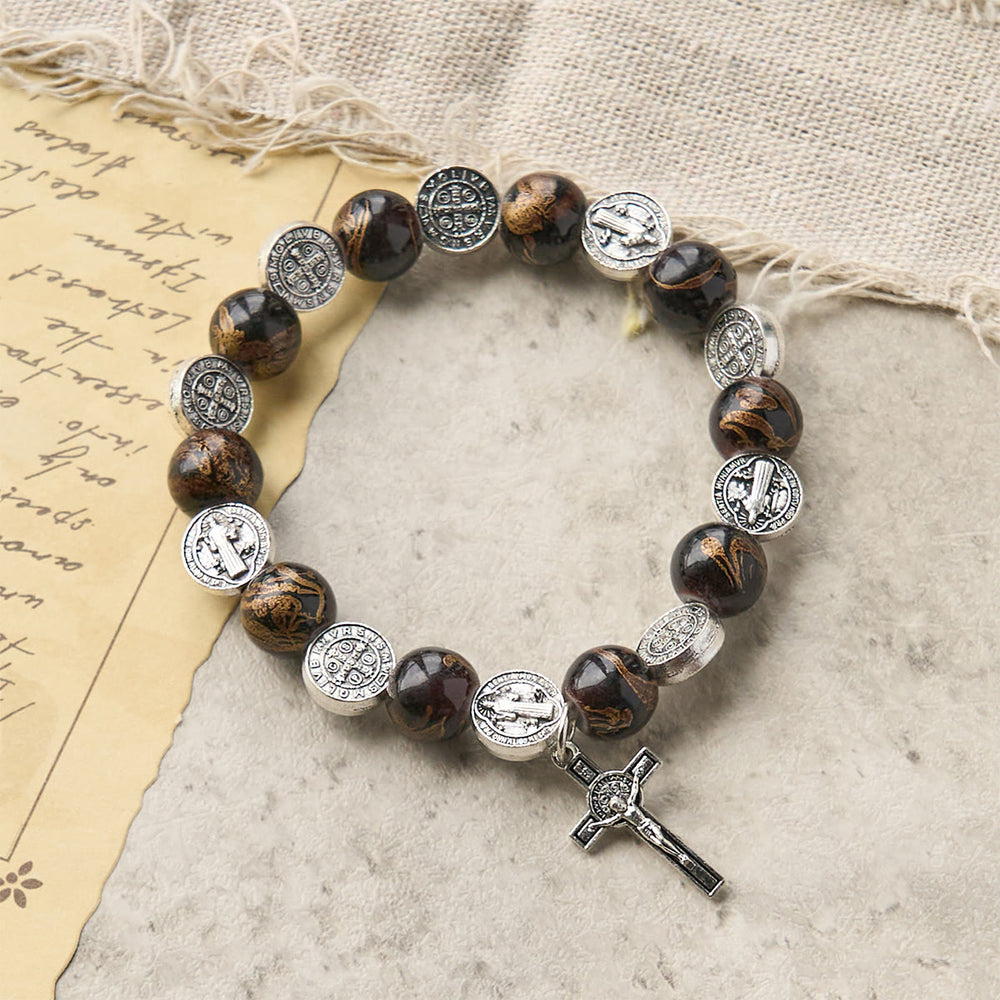 Christianartworkshop Dreifarbiges Perlenarmband mit silberner St. Benedikt-Medaille und Kruzifix: Divine Faith Artistry - Schwarz - image 2