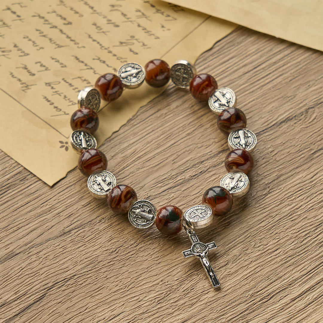Dreifarbiges Perlenarmband von Christianartworkshop mit silberner St.-Benedikt-Medaille und Kruzifix: Divine Faith Artistry - image 5