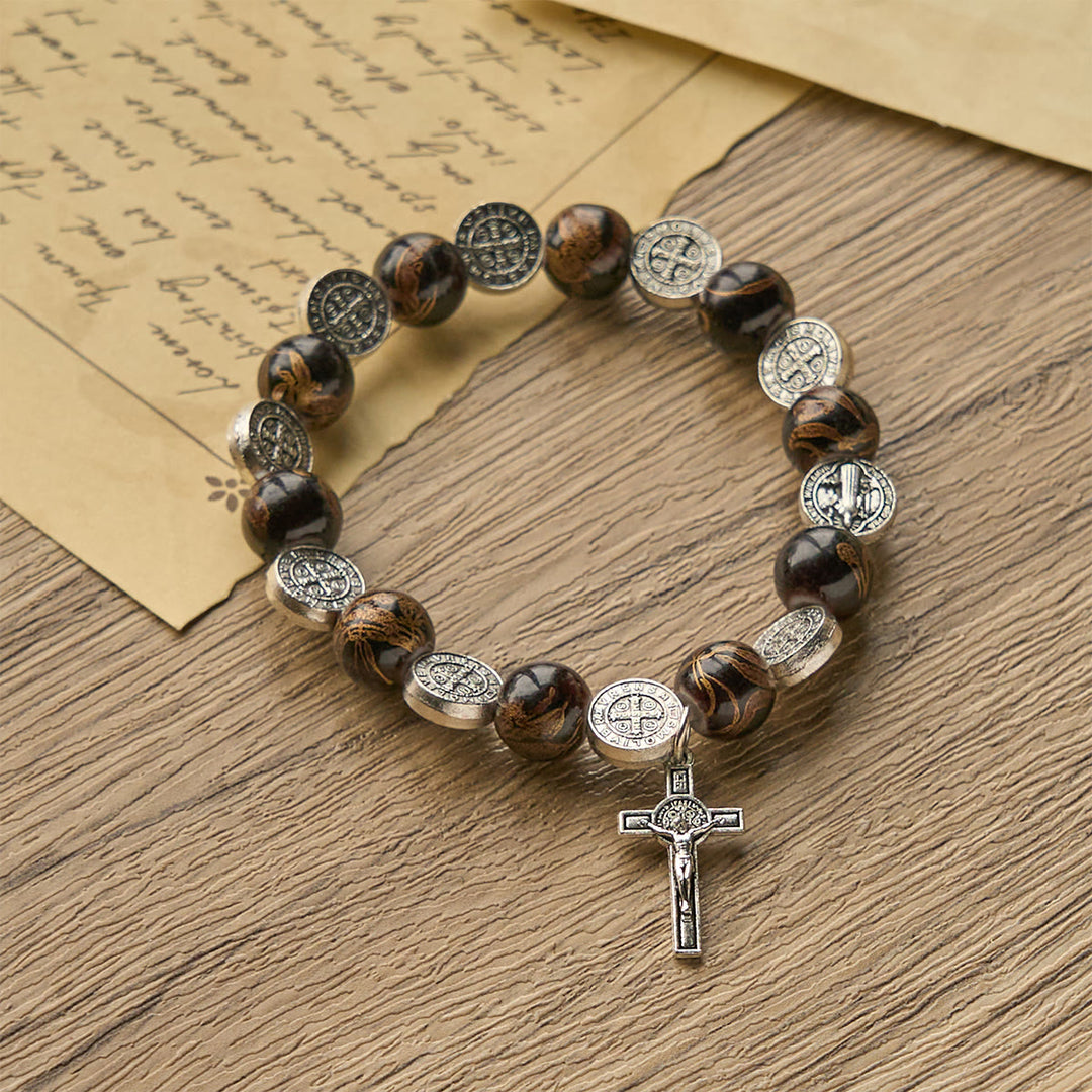 Christianartworkshop Dreifarbiges Perlenarmband mit silberner St. Benedikt-Medaille und Kruzifix: Divine Faith Artistry - image 5