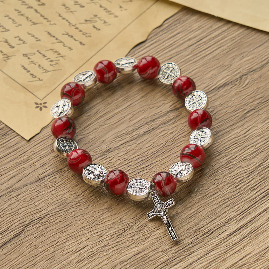 Dreifarbiges Perlenarmband von Christianartworkshop mit silberner St.-Benedikt-Medaille und Kruzifix: Divine Faith Artistry - image 3