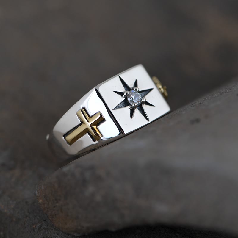 Christianartworkshop Kreuz und Jungfrau Maria mit weißem Zirkonia 925 Sterling Silber verstellbarer Vintage-Ring - image 1
