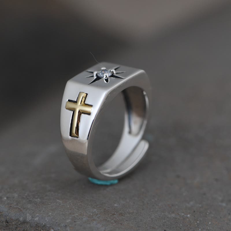 Christianartworkshop Kreuz und Jungfrau Maria mit weißem Zirkonia 925 Sterling Silber verstellbarer Vintage-Ring - 925 Sterlingsilber - image 0