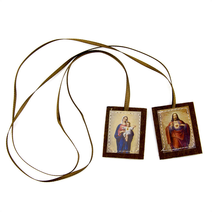 Christianartworkshop Gesegnetes Skapulier aus brauner Wolle mit dem Heiligen Herzen Jesu und der Jungfrau Maria - image 2