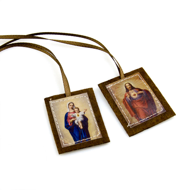Christianartworkshop Gesegnetes Skapulier aus brauner Wolle mit dem Heiligen Herzen Jesu und der Jungfrau Maria - image 3