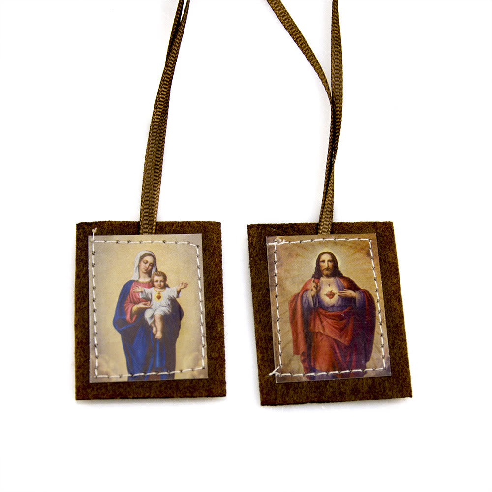 Christianartworkshop Gesegnetes Skapulier aus brauner Wolle mit dem Heiligen Herzen Jesu und der Jungfrau Maria - Skapulier - image 1