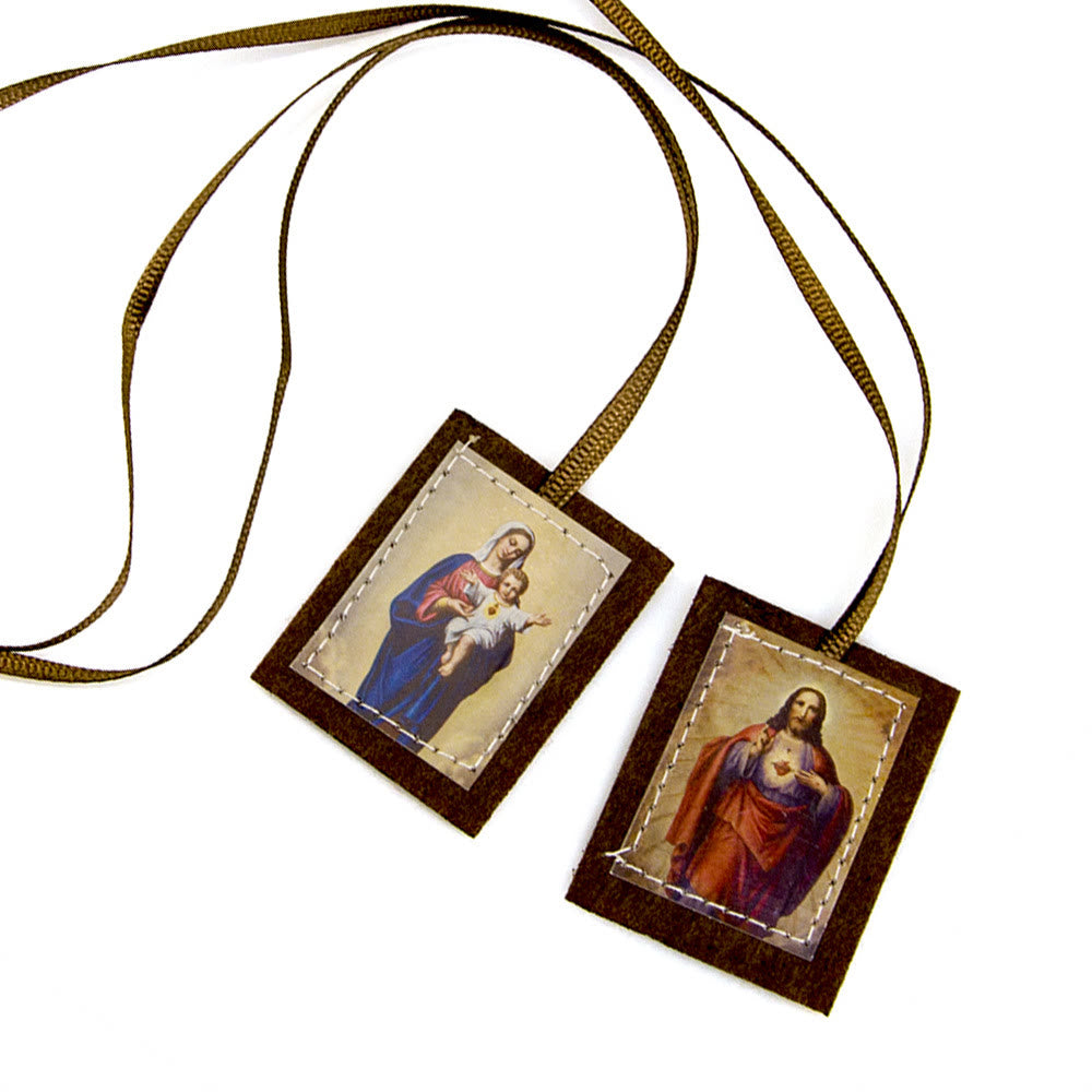 Christianartworkshop Gesegnetes Skapulier aus brauner Wolle mit dem Heiligen Herzen Jesu und der Jungfrau Maria - image 4