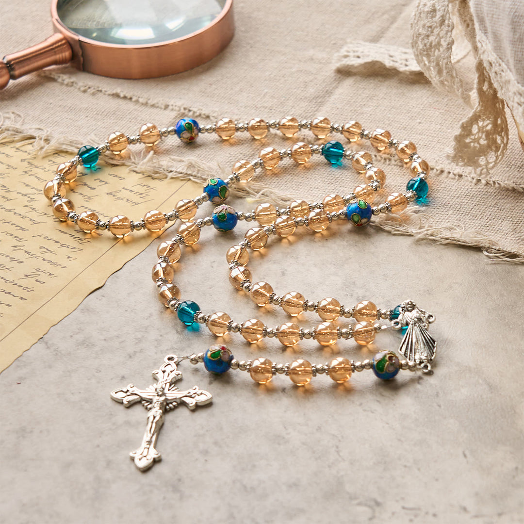 Christianartworkshop Rosenkranz aus Bernstein- und Cloisonné-Perlen mit silberner Göttlicher Barmherzigkeit und Kruzifix: Umarme den gesegneten Trost - image 5