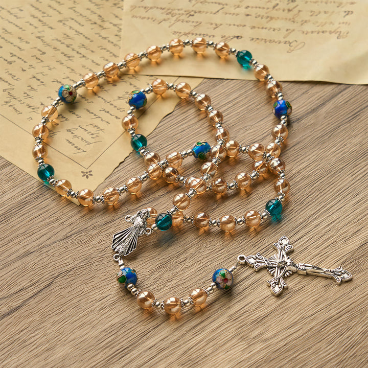 Christianartworkshop Rosenkranz aus Bernstein- und Cloisonné-Perlen mit silberner Göttlicher Barmherzigkeit und Kruzifix: Umarme den gesegneten Trost - image 2