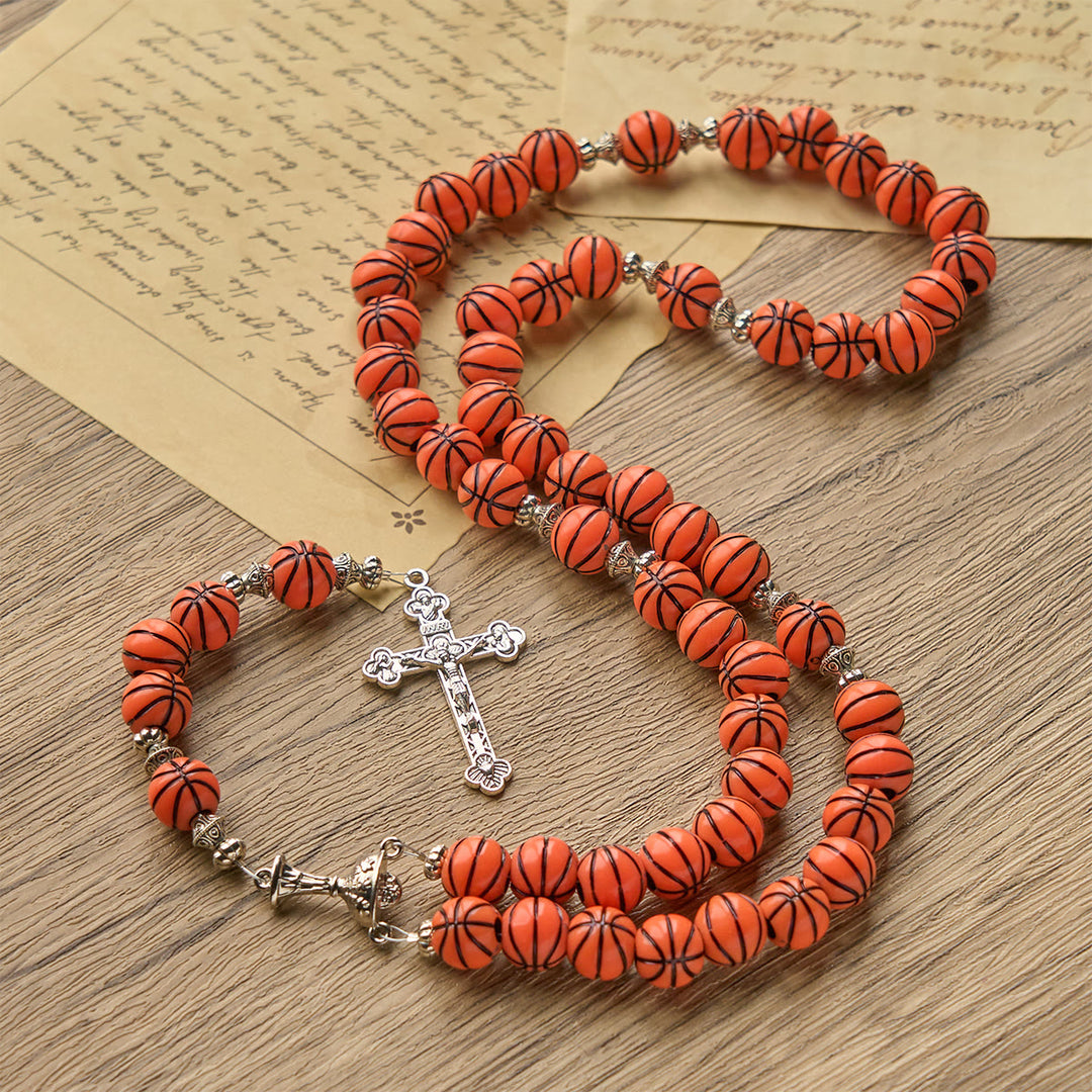 Christianartworkshop Sport-Gebets-Rosenkranz mit Basketball-Perlen und silbernem Heiligen Kelch und Kruzifix: Erziele spirituelle Stärke - Basketball - Themen-Rosenkranz - image 1