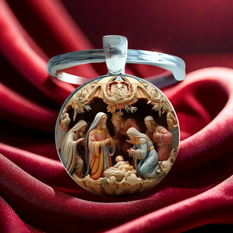 Christianartworkshop Schlüsselanhänger mit der Geburt Jesu, Vintage-Stil, Krippenszene: Geschichtenerzählendes Relikt der christlichen Hoffnung - Weihnachtskrippe - image 1