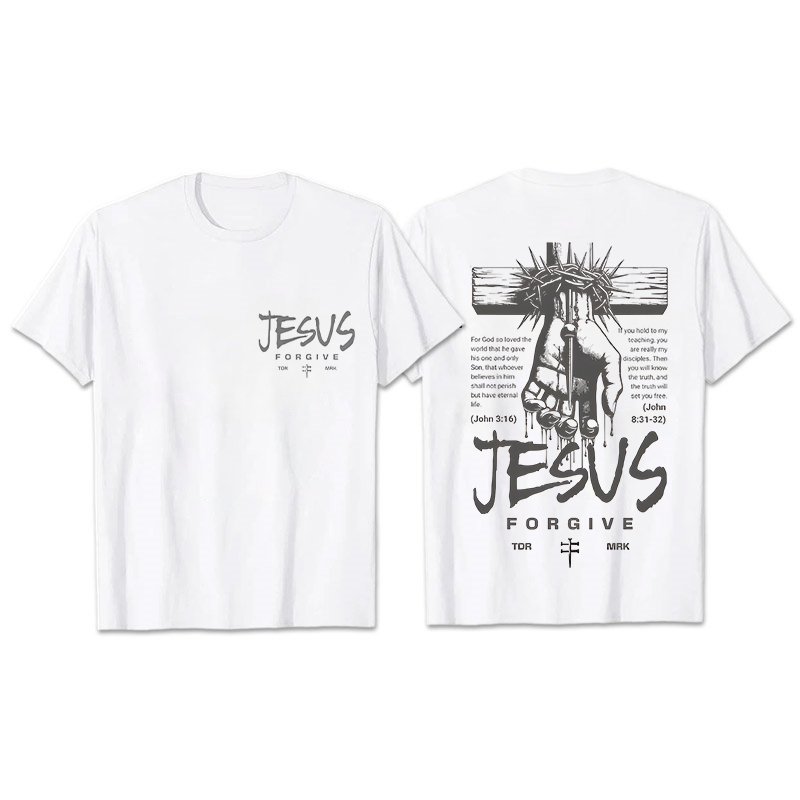 Christianartworkshop Religiöses Jesus-Verzeihen-Dornenkrone-Kreuz-Unisex-T-Shirt - Weiß - 2XL - image 9