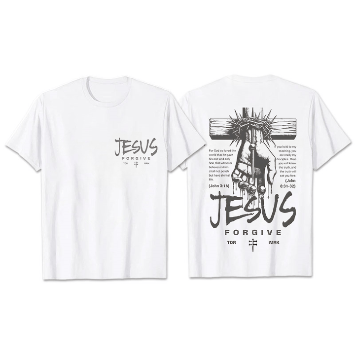 Christianartworkshop Religiöses Jesus-Verzeihen-Dornenkrone-Kreuz-Unisex-T-Shirt - Weiß - 2XL - image 9