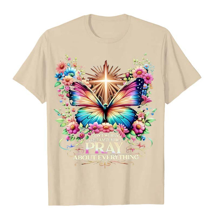 Christianartworkshop Glaubensinspiriertes Schmetterlings- und Kreuz-T-Shirt „Betet über alles“ (Unisex) - Beige - 2XL - image 4