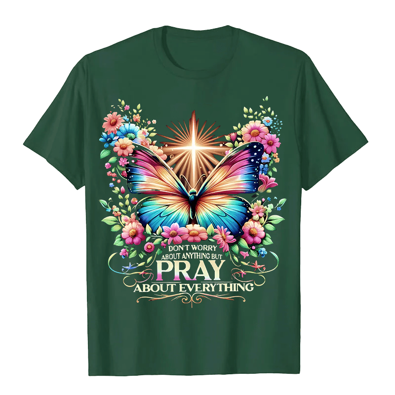 Christianartworkshop Glaube-inspiriertes Schmetterling und Kreuz Pray About Everything Unisex T-Shirt - Dunkelgrün - 2XL - image 8