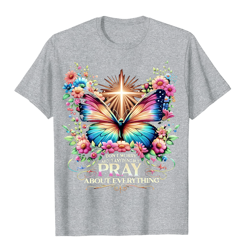 Christianartworkshop Glaube-inspiriertes Schmetterling und Kreuz Pray About Everything Unisex T-Shirt - Grau - 2XL - image 9