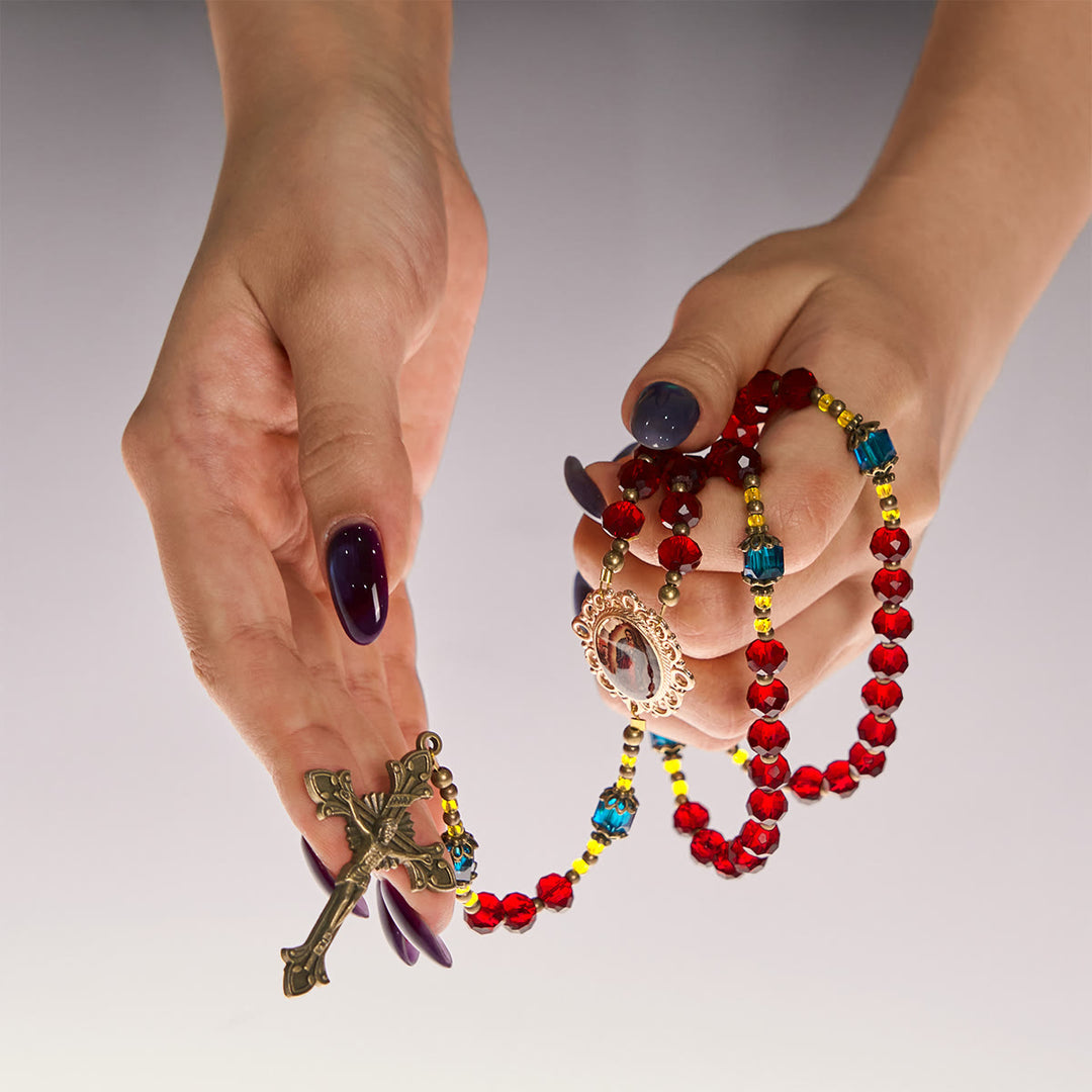 Christianartworkshop GEBETSVOLLER GLAUBE: Handgefertigter Rosenkranz aus rotem Kristall, böhmisches tschechisches Glas, mit Geschenkkarte - image 6