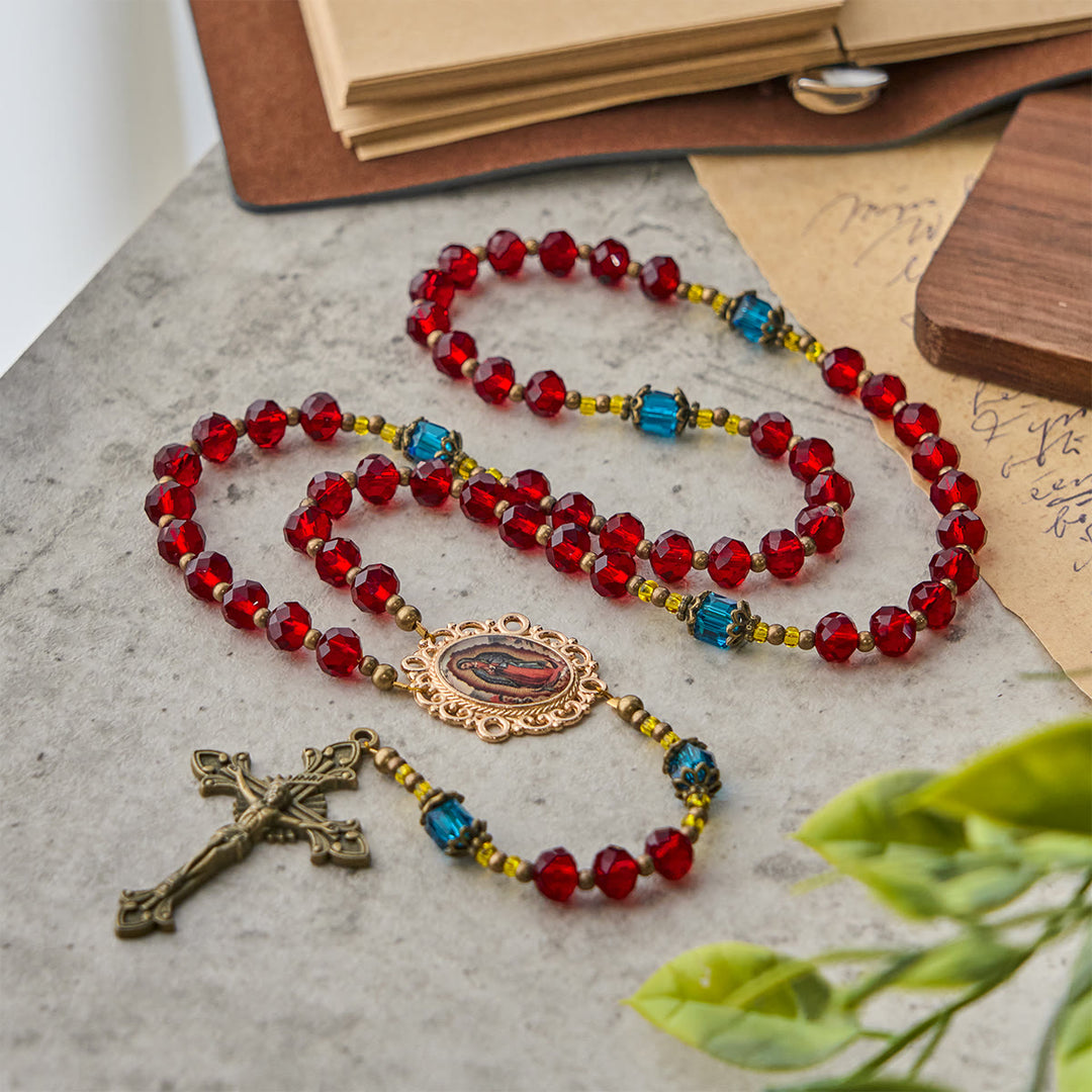 Christianartworkshop Handgefertigter Rosenkranz mit Kruzifix Unserer Lieben Frau von Guadalupe aus rotem Kristall, böhmisches tschechisches Glas - Unsere Liebe Frau von Guadalupe und Kruzifix - image 1