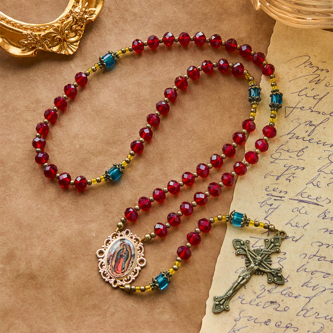 Christianartworkshop Handgefertigter Rosenkranz mit Kruzifix Unserer Lieben Frau von Guadalupe aus rotem Kristall, böhmisches tschechisches Glas - image 5