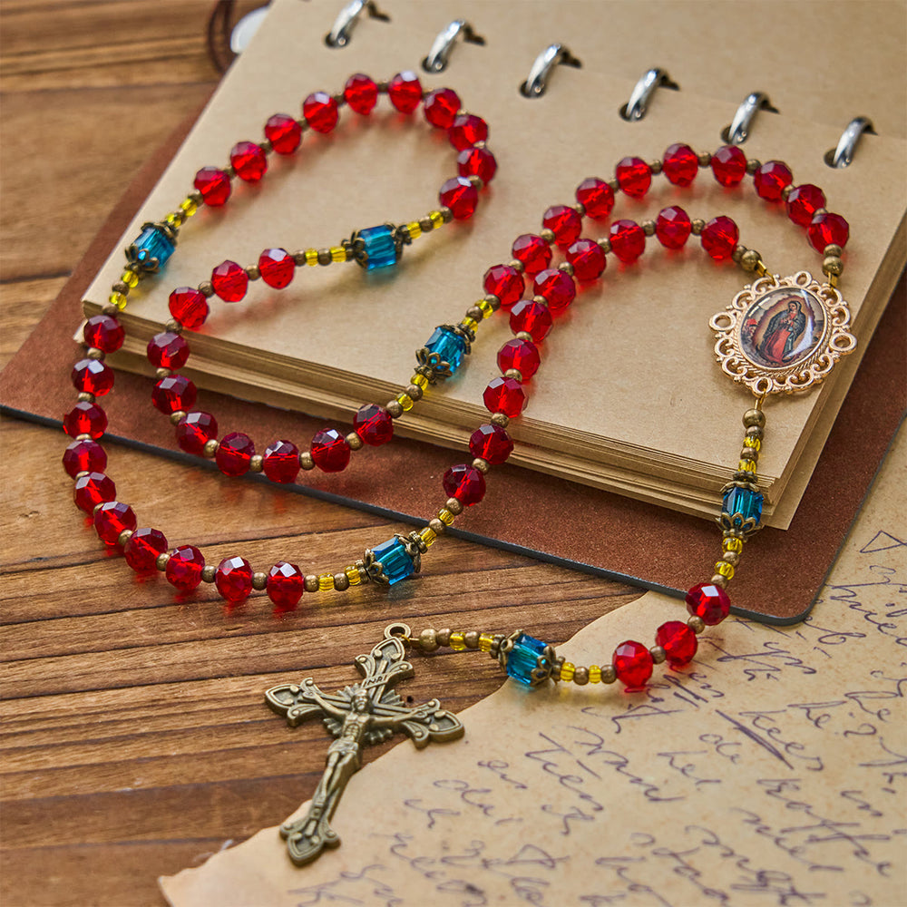 Christianartworkshop Handgefertigter Rosenkranz mit Kruzifix Unserer Lieben Frau von Guadalupe aus rotem Kristall, böhmisches tschechisches Glas - image 2