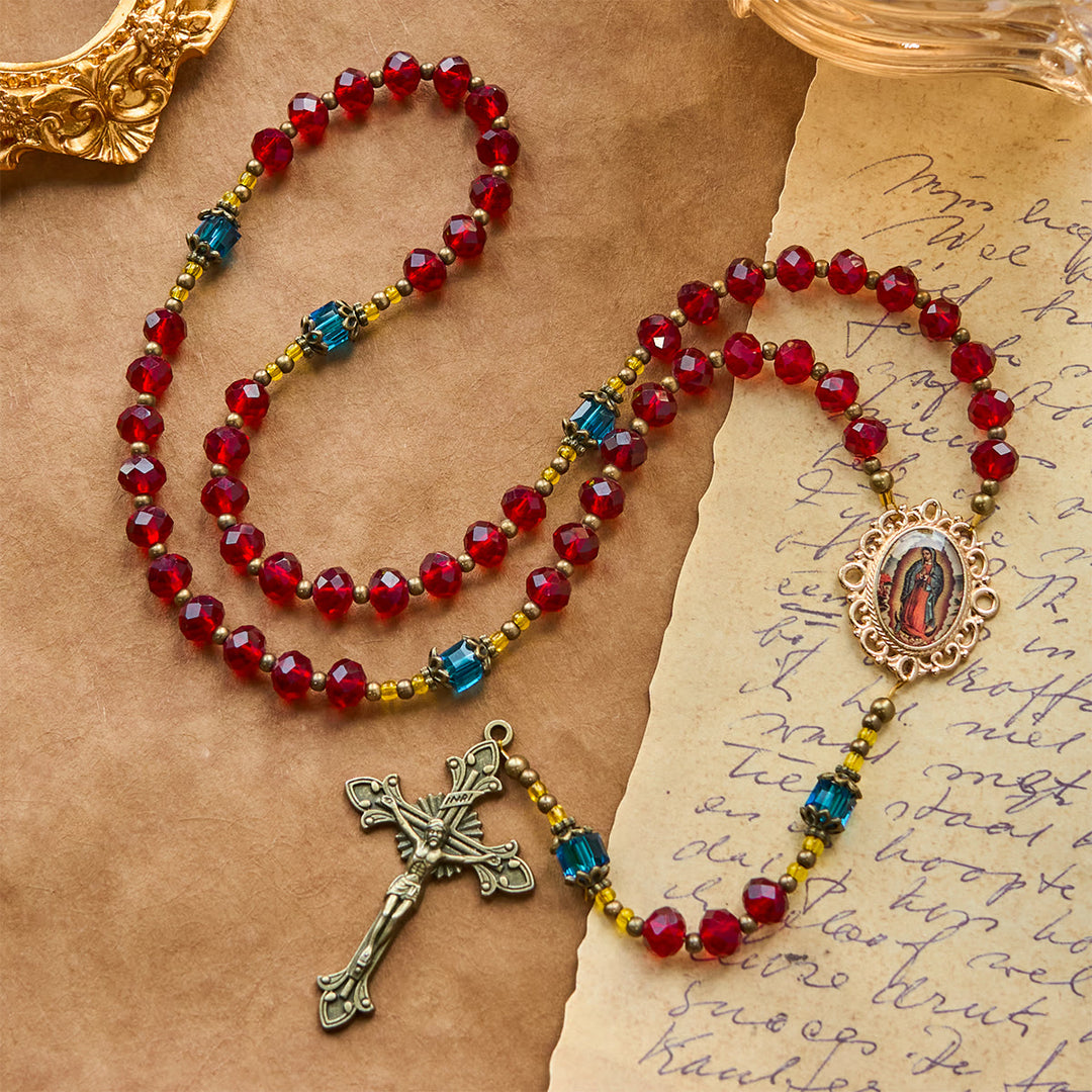 Christianartworkshop Handgefertigter Rosenkranz mit Kruzifix Unserer Lieben Frau von Guadalupe aus rotem Kristall, böhmisches tschechisches Glas - image 3