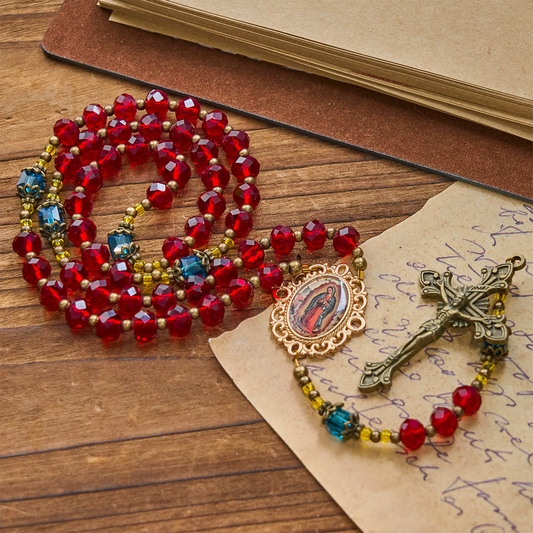 Christianartworkshop Handgefertigter Rosenkranz mit Kruzifix Unserer Lieben Frau von Guadalupe aus rotem Kristall, böhmisches tschechisches Glas - image 8