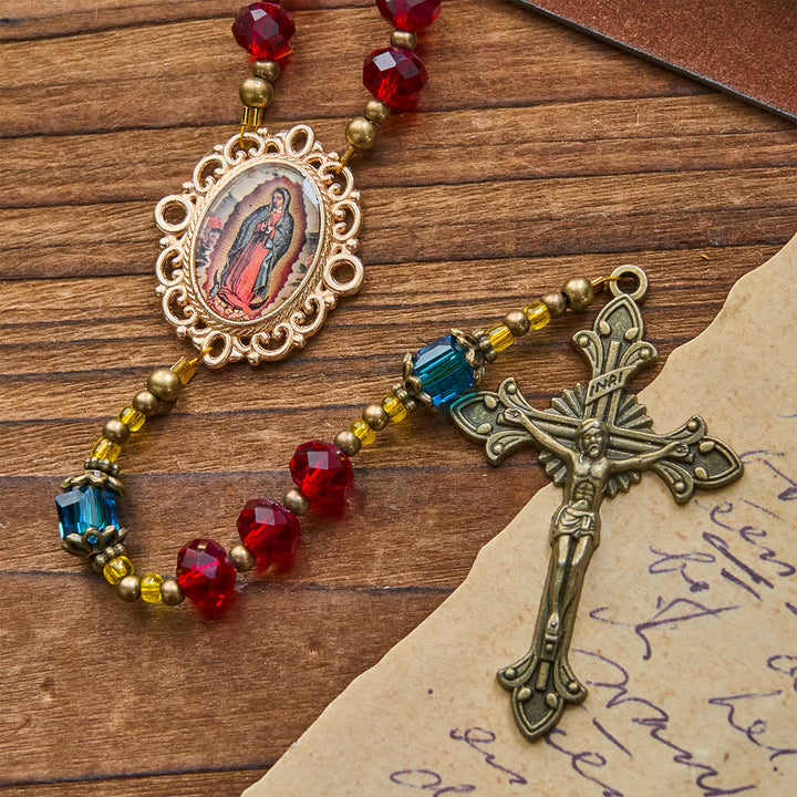Christianartworkshop Handgefertigter Rosenkranz mit Kruzifix Unserer Lieben Frau von Guadalupe aus rotem Kristall, böhmisches tschechisches Glas - image 7
