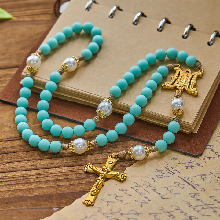 Christianartworkshop Handgefertigte mintgrüne Perlen und Perlen mit Wundertätiger Medaille und Kruzifix - image 2