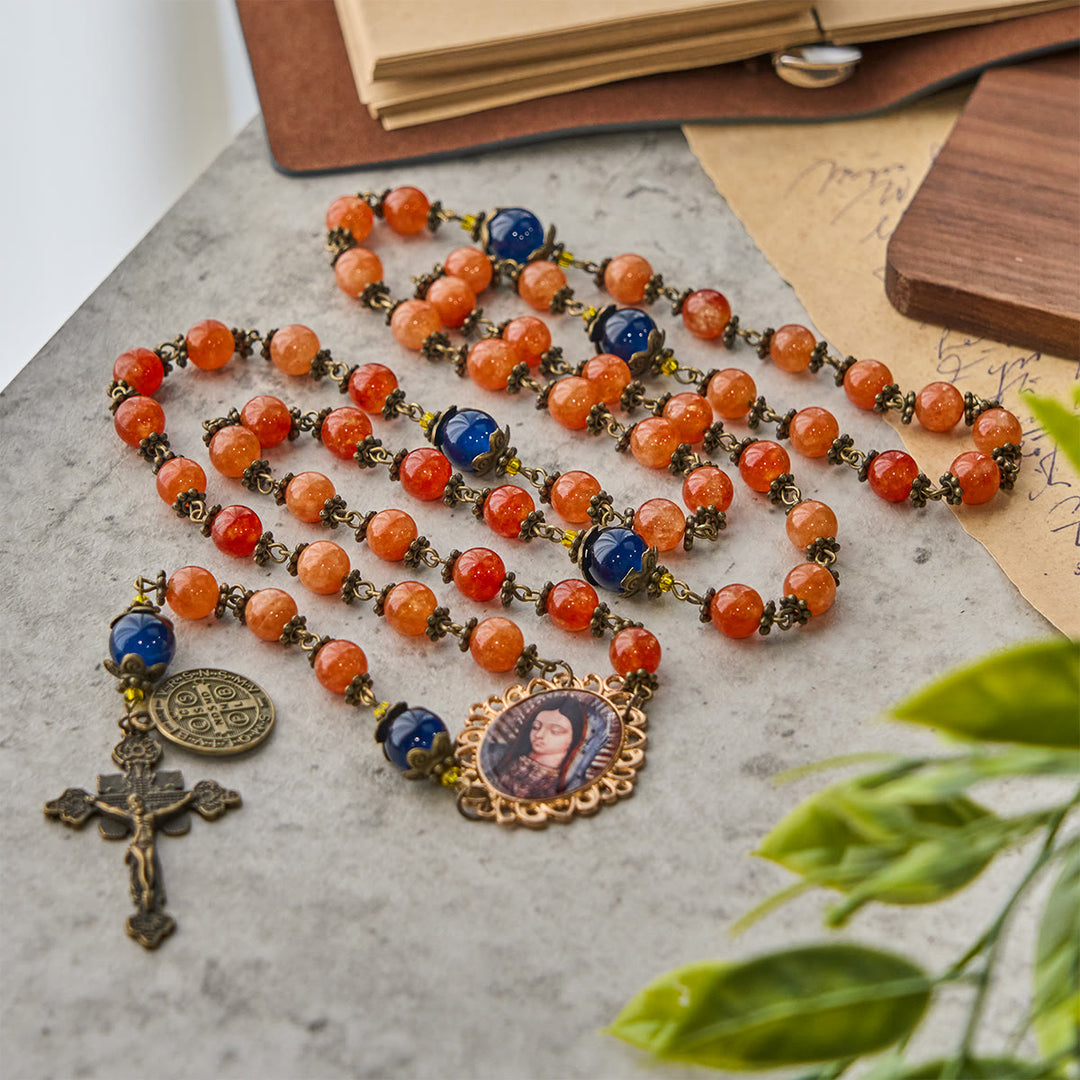 Christianartworkshop Handgefertigter Rosenkranz mit Medaille aus orangefarbenem Chalcedon „Unsere Liebe Frau vom Heiligen Benedikt“ - Oranger Chalcedon - image 1