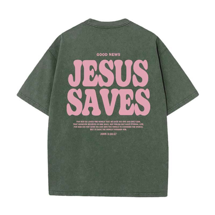Christianartworkshop Unisex-T-Shirt „Jesus Saves“, gewaschen - Armeegrün - 5XL - image 0