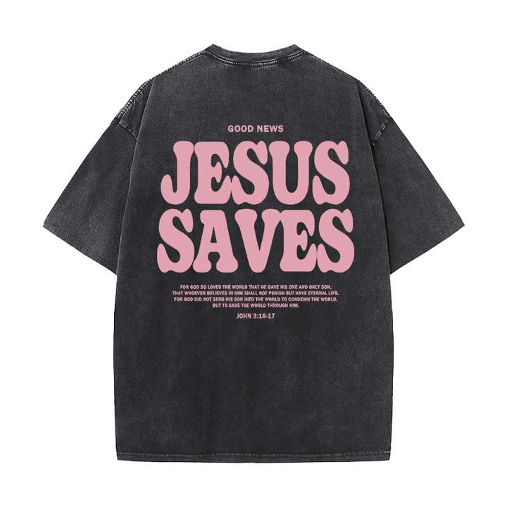Christianartworkshop Unisex-T-Shirt „Jesus Saves“, gewaschen - Schwarz - 5XL - image 5