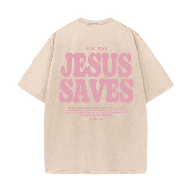 Christianartworkshop Unisex-T-Shirt „Jesus Saves“, gewaschen - Aprikose - 5XL - image 3