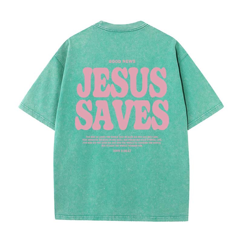 Christianartworkshop Unisex-T-Shirt „Jesus Saves“, gewaschen - Grün - 5XL - image 13