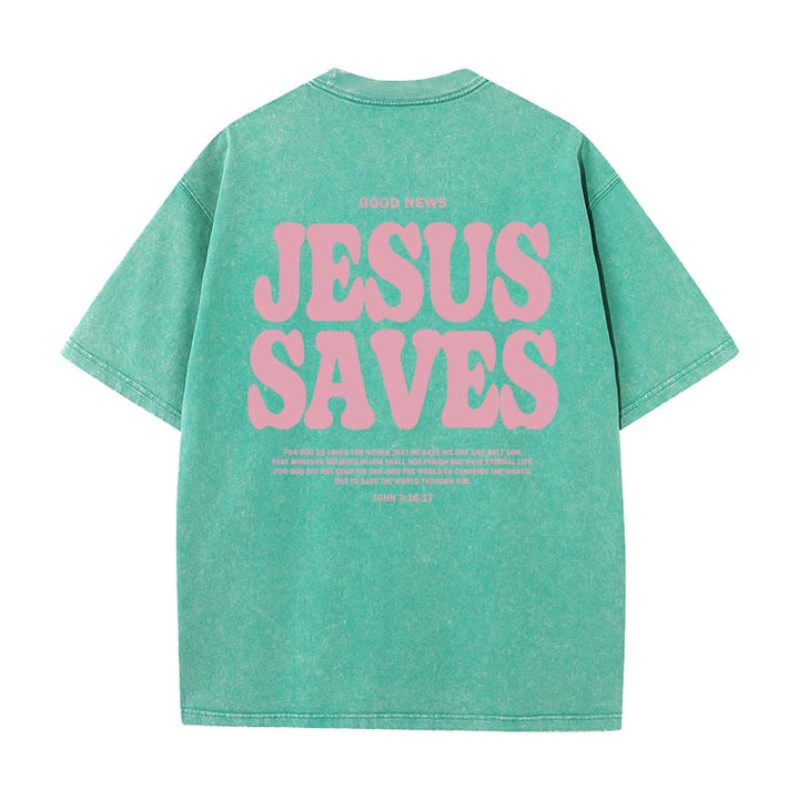 Christianartworkshop Unisex-T-Shirt „Jesus Saves“, gewaschen - Grün - 5XL - image 13