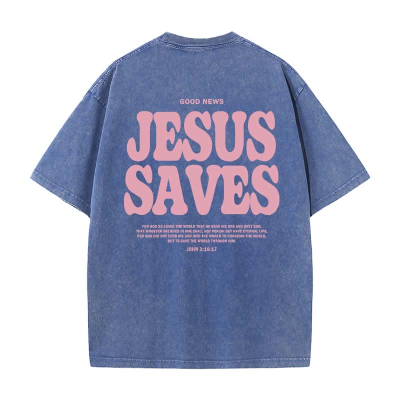 Christianartworkshop Unisex-T-Shirt „Jesus Saves“, gewaschen - Blau - 5XL - image 9