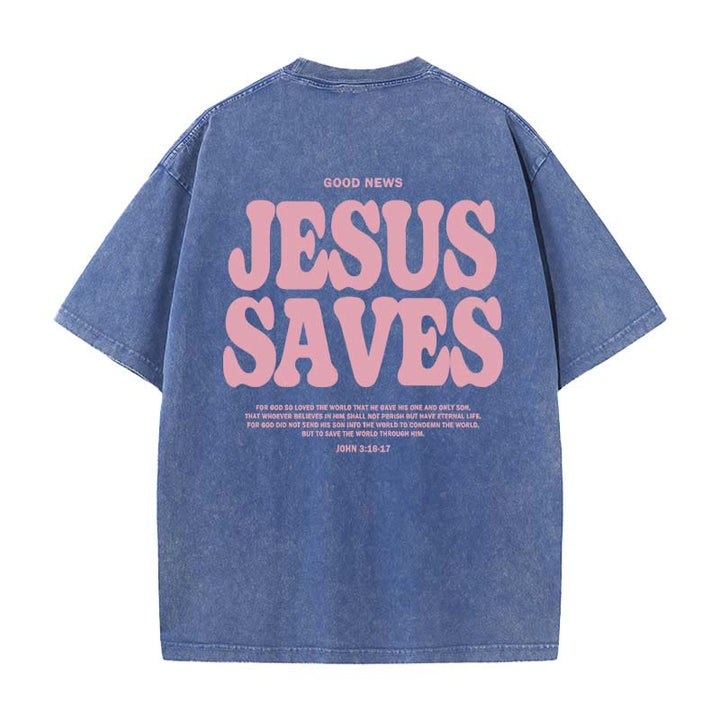 Christianartworkshop Unisex-T-Shirt „Jesus Saves“, gewaschen - Blau - 5XL - image 9